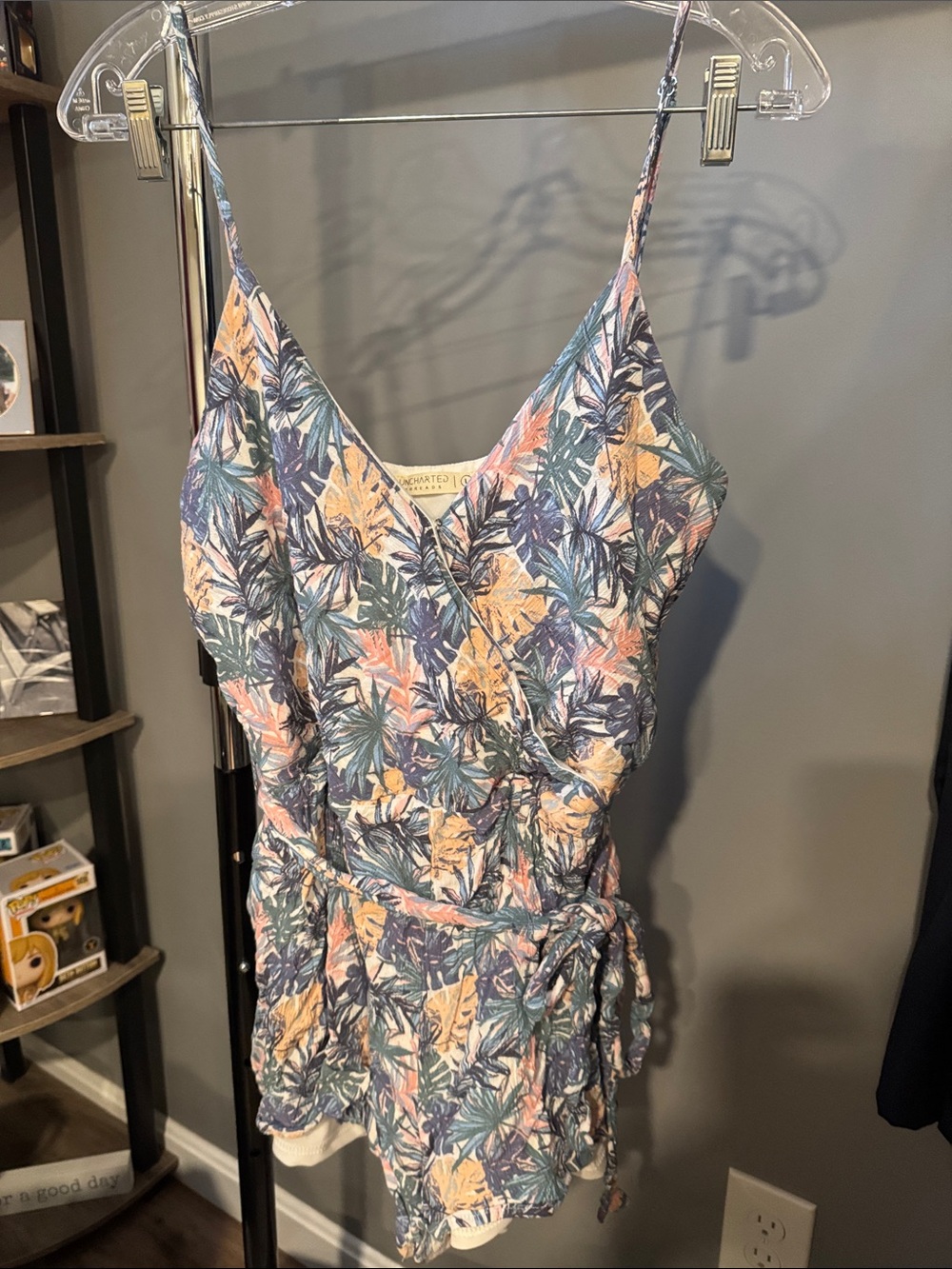 Women’s Tropical Print One-Piece Romper in Blue, Peach & Cream